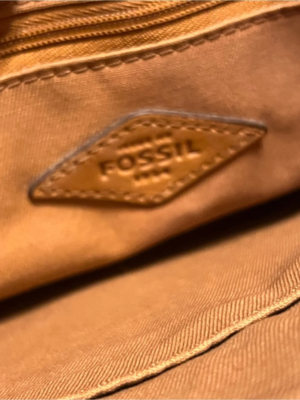 Fossil Tan & Cream Leather  with Striped Canvas Pocket crossbody bag